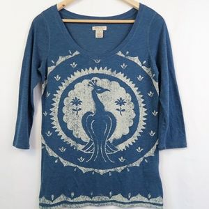 Lucky Brand peacock top 3/4 sleeve A79